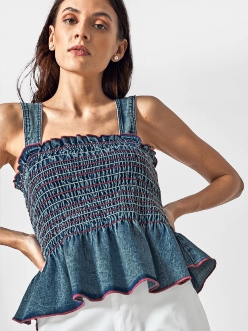 Anthropologie Pilcro Smocked Denim Tank Boho Cottagecore Dainty Effortless